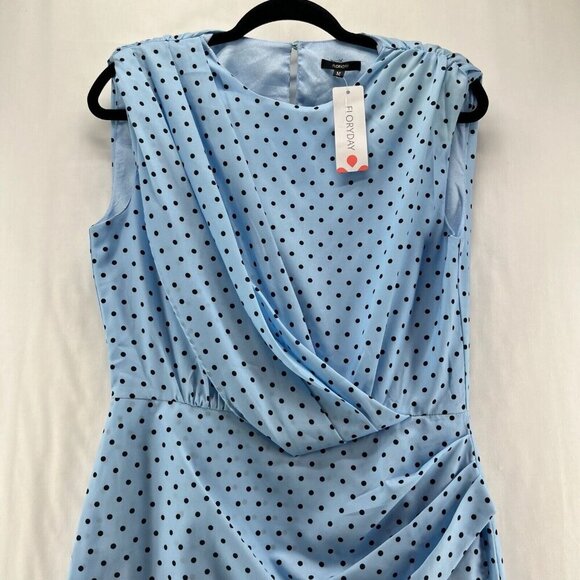 Floryday Dress Sz M Polka Dot Sheath Pleated Draped Sleeveless Knee Length Blue - Picture 3 of 10